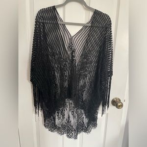 Black lace with fringe sleeves bathing suit cover up